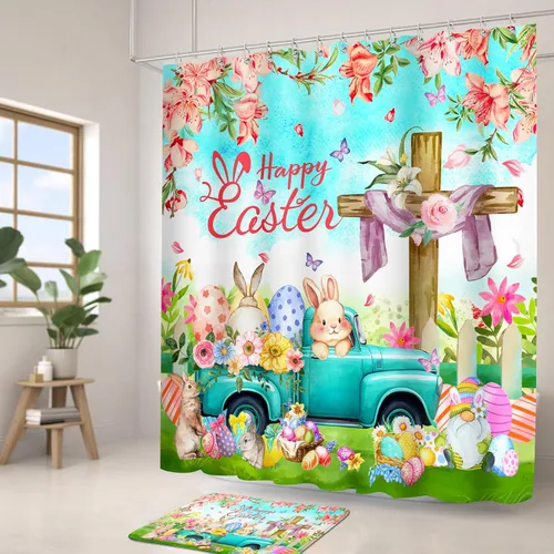 Miniatura 3 de Lutto Cortina de ducha de Pascua, cortinas de ducha de primavera para baño, juego de baño de Pascua con flor de conejo para decoración de baño, 72 x