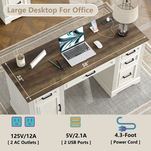 Miniatura 4 de Furniouse Escritorio ejecutivo de 58 pulgadas, escritorio para computadora de granja con cajones y gabinete con estación de carga, escritorio