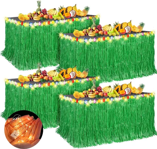 Miniatura 8 de Aneco 2 faldas de mesa de césped Luau de 9 pies x 30 pulgadas con cadena de luz LED, falda de mesa hawaiana iluminada, falda de hierba iluminada