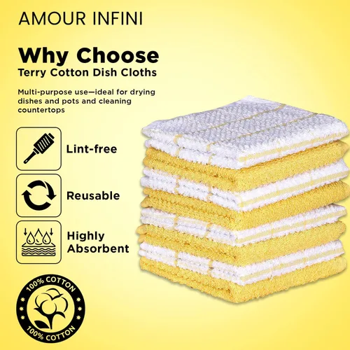 Miniatura 3 de Amour Infini paños de cocina y repasadores, 100 % algodón, muy absorbentes, se pueden lavar a máquina Cuadros amarillos