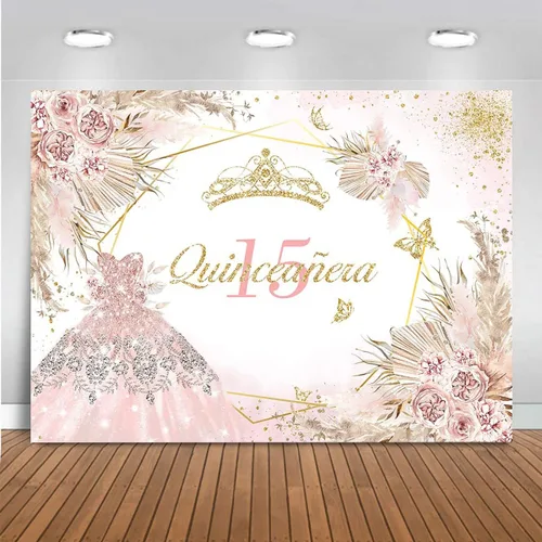 Miniatura 8 de Mocsicka Quinceanera - Telón de fondo de cumpleaños número 15, para mujeres y niñas, bohemio, elegante, flores rosadas, fondo de vinilo bohemio, Azul
