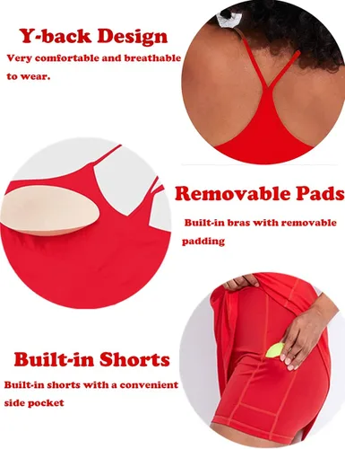 Miniatura 7 de Vestido de entrenamiento para mujer con brasier y pantalones cortos integrados, sin mangas, vestido atlético de tenis y golf con bolsillos