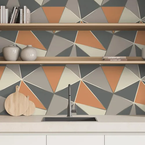 Miniatura 7 de VEELIKE Apex - Papel tapiz geométrico para despegar y pegar, papel tapiz geométrico gris naranja de 17.7 x 354 pulgadas, papel tapiz removible