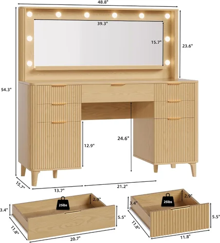 Miniatura 2 de Mesa de tocador estriada para maquillaje con espejo grande de 39.3" y luces, tocador de madera de 48.8", mesa de tocador grande, mesa de tocador