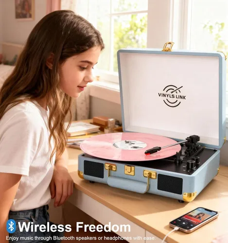Miniatura 5 de VINYLSLINK Reproductor de discos de vinilo con Bluetooth, tocadiscos portátil de 3 velocidades con control de agudos y graves, altavoces estéreo Azul