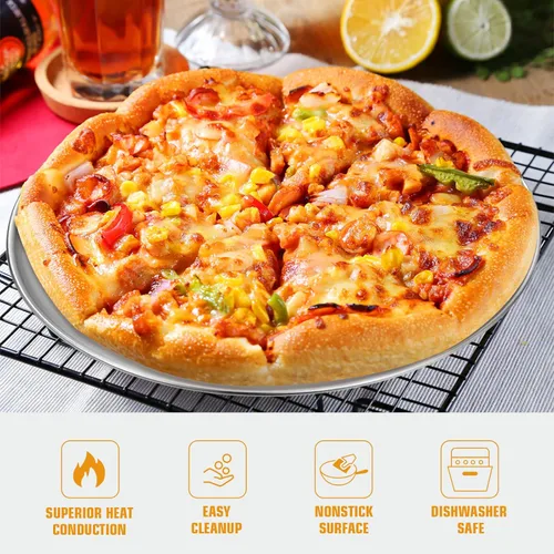 Miniatura 4 de Deedro Bandeja de pizza para hornear pizza, bandeja redonda de acero inoxidable, bandeja para hornear pizza de alta resistencia para horno, bandeja