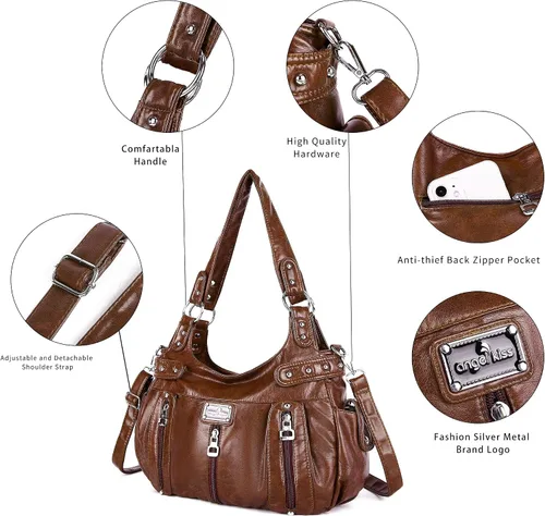 Miniatura 5 de Angelkiss Monederos grandes y bolsos para mujer, de piel sintética lavada, bolso cruzado de hombro