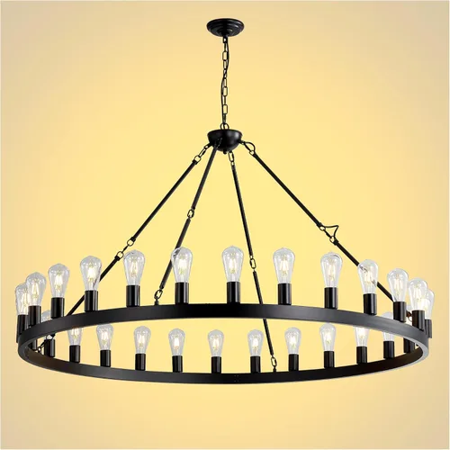 Miniatura 14 de Candelabro de dos niveles en negro, rueda de vagón grande, 54 luces, lámpara colgante de granja redonda de 152 cm, iluminación rústica para comedor