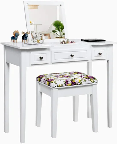 Miniatura 9 de CHARMAID Escritorio de tocador de maquillaje con espejo abatible superior, 3 cajones, 7 compartimentos de almacenamiento, escritorio blanco