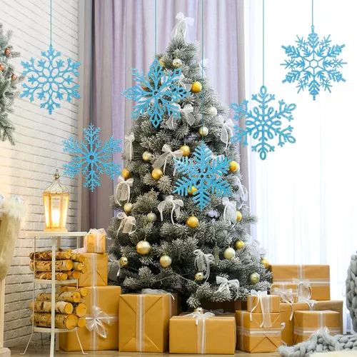 Miniatura 5 de Sratte Paquete de 12 adornos de copos de nieve grandes con purpurina de 12 pulgadas, decoración gigante de plástico para colgar en invierno
