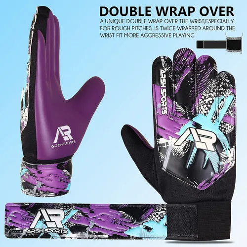 Miniatura 3 de Arsh - Paquete de 2 guantes de portero de fútbol, guantes de portero de fútbol para niños, jóvenes, niños, muñecas dobles Púrpura/Anaranjado