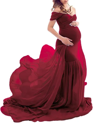 ORQ Vestido de gasa de maternidad con hombros descubiertos para accesorios de fotos, vestido maxi de fotografía para sesión de fotos
