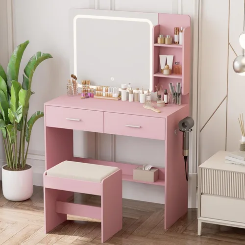 Tocador de maquillaje con espejo iluminado y toma de corriente – 2 estantes, 2 cajones, almacenamiento inferior – Viene con taburete tapizado (rosa)