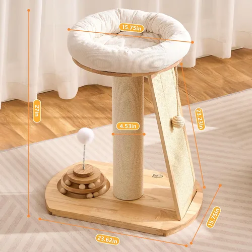Miniatura 8 de HITTITE Torre de árbol para gatos de madera maciza, poste rascador para gatos con cama, árbol pequeño para gatos de 27 pulgadas, torre compacta