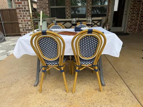Miniatura 10 de PURPLE LEAF Juego de 1 silla de comedor al aire libre, marco de aluminio francés en acabado de bambú con ratán tejido ámbar y blanco para cocina