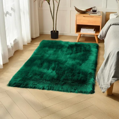 Miniatura 32 de duduta - Alfombra de pelo de oveja sintética verde esmeralda de 2 x 3 pies, alfombra esponjosa lavable para cabecera de cama pequeña, dormitorio