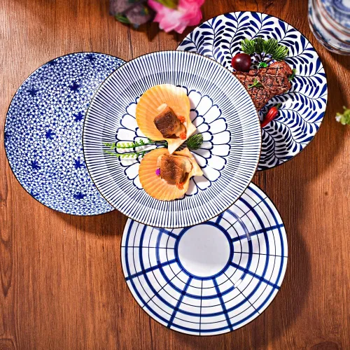 Miniatura 4 de Juego de 4 platos japoneses de cerámica blanca y azul de 8 pulgadas, platos grandes para aperitivos, pasta, postres y ensaladas, microondas, horno