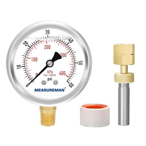 MEASUREMAN Medidor de presión de 0-60 psi/kpa lleno de líquido con adaptador de medidor de latón 1/4NPT hembra, sonda de 2-1/2 pulg. x 1-2/5" x 1/8"