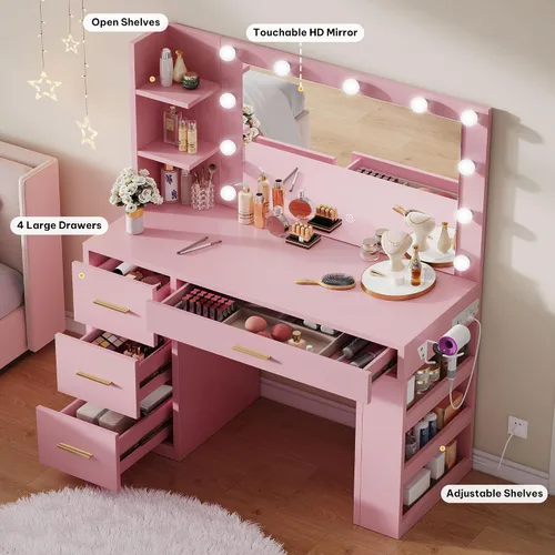 Miniatura 3 de YITAHOME - Tocador con espejo y luces, juego de mesa de maquillaje con toma de corriente, 4 cajones, 6 estantes abiertos arriba y 3 estantes