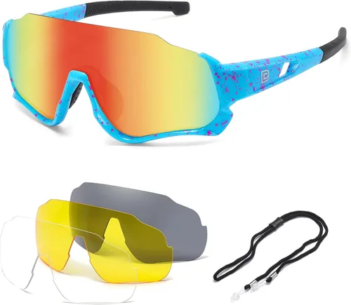 DUCO DK280 - Lentes de sol polarizados para niños, jóvenes, béisbol, deportes, adolescentes, ciclismo, niños y niñas, con 3 lentes Azul Marco Azul