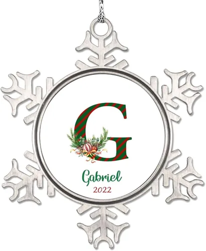 Miniatura 13 de Monograma inicial letra A copo de nieve, adorno de bayas de pino de Navidad para decoración de árbol de Navidad, adornos de Navidad personalizados