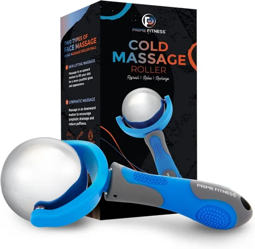 PRIME Fitness Bola de rodillo de masaje frío | Terapia de frío | Bola de rodillo de hielo con mango | Cryo Stick | Alivia el dolor muscular (azul)