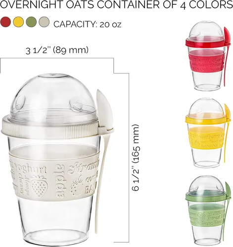 Miniatura 5 de Crystalia Paquete de 4 tazas On The Go de 20 onzas de yogur para parfait con tapas y cucharas, recipientes de avena durante la noche, recipientes
