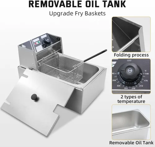 Miniatura 3 de Freidora comercial con canasta, 11.4 cuartos de galón desmontable de gran capacidad de acero inoxidable para encimera de aceite eléctrico tanque