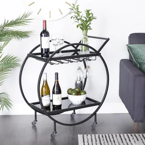 Miniatura 3 de Deco 79 Carrito de barra con 2 estantes de espejo con almacenamiento de copa de vino y asa, 28 x 14 x 31 pulgadas, negro