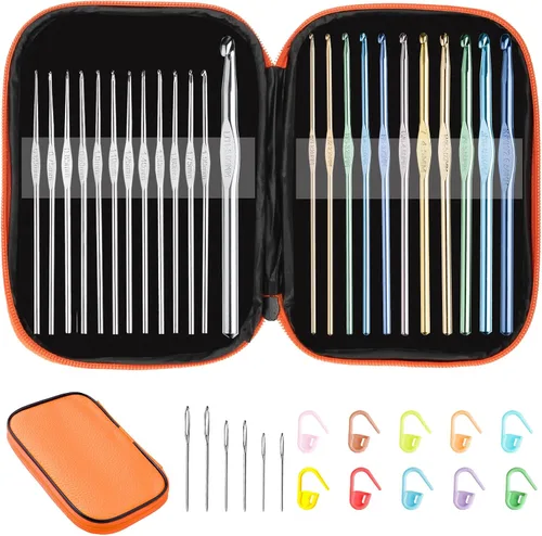 Miniatura 8 de Tomorotec Art - Juego de ganchos de ganchillo metálicos multicolores, agujas de tejer de aluminio para manualidades de hilo con bolsa