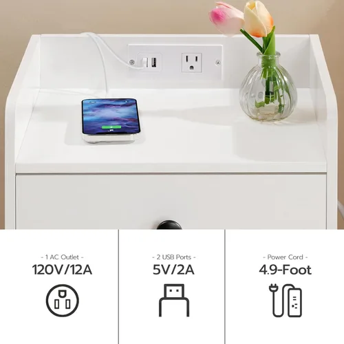 Miniatura 5 de HOOBRO Mesita de noche con estación de carga, mesa auxiliar con cajón y estante de apertura, mesita de noche con puertos USB y tomas, mesita