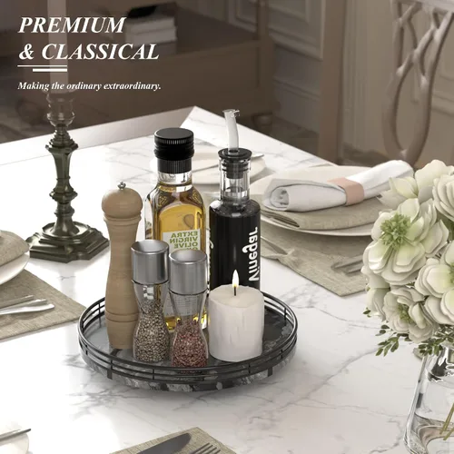 Miniatura 4 de Marble Lazy Susan - Tocadiscos para mesa, bandeja redonda de mármol de grano de madera antigua de 10 pulgadas para mesa de comedor, encimera de Negro
