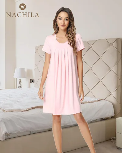 Miniatura 6 de NACHILA Camisón de bambú para mujer, suave, de manga corta, plisado, cuello redondo, cómodo, para dormir, S-XXG, L