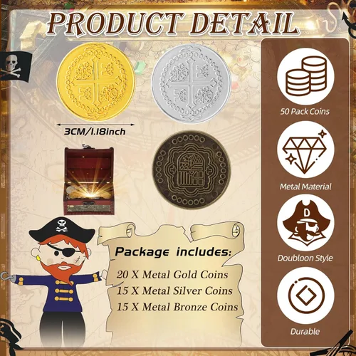 Miniatura 2 de Hanaive 50 Piezas Monedas de Metal del Tesoro Monedas Piratas de Metal Monedas de Oro Falsas Fichas de Juego Doblón Español Fichas del Tesoro