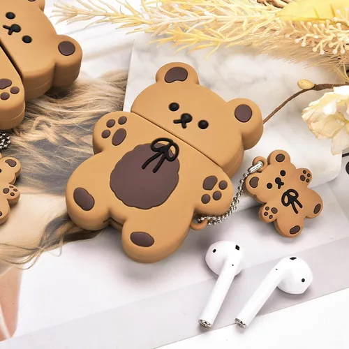 Miniatura 6 de Lindas fundas para AirPods con llavero de oso de dibujos animados, diseño de oso de galleta, funda de silicona protectora completa compatible