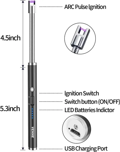 Miniatura 4 de VEHHE Encendedor de velas, paquete de 2 encendedores eléctricos recargables con pantalla LED de batería, interruptor de seguridad, encendedor USB