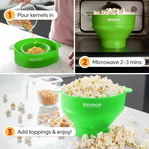 Miniatura 3 de El Hotpop Original - Palomitero para microondas, Popcorn, contenedor de silicona para hacer de palomitas de maíz, cuenco plegable sin BPA y apto