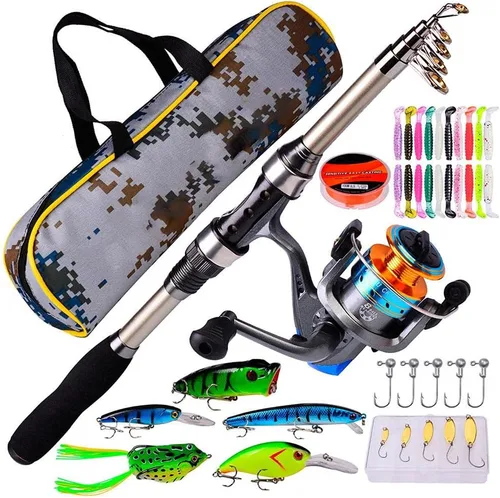Juego de combos de caña de pescar, caña de pescar telescópica con carretes giratorios, con bolsa de transporte de pesca, equipo de pesca, línea de