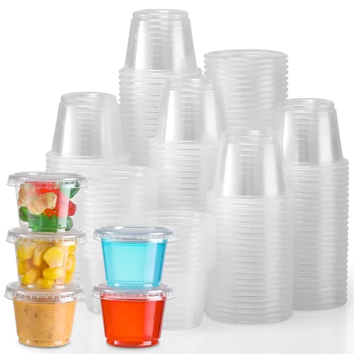 VITEVER [130 Juegos - 1 Oz] Vasos para Shots de Gelatina, Recipientes Pequeños de Plástico con Tapas, Vasos Herméticos y Apilables para Porciones,