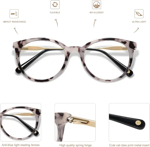 Miniatura 4 de AMOMOMA Anteojos de lectura redondos retro para mujer, lindos y elegantes con bloqueo de luz azul, AM6055, transparente/dorado y gris tortuga/dorado
