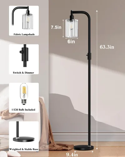 Miniatura 3 de Lightdot Lámpara de pie de vidrio de 63 pulgadas para sala de estar, lámparas altas modernas de pie regulables con pantalla de vidrio transparente