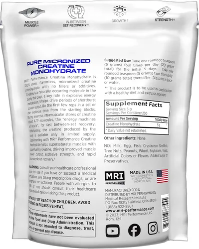 Miniatura 7 de MRI creatina monohidrato polvo 0.18 oz, músculo y fuerza (35.27 oz, sin sabor)