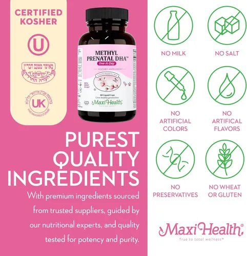 Miniatura 7 de Maxi Health - Vitaminas prenatales metil prenatales DHA para mujeres, formuladas por médicos, kosher, multivitamínico prenatal sin gluten con 25