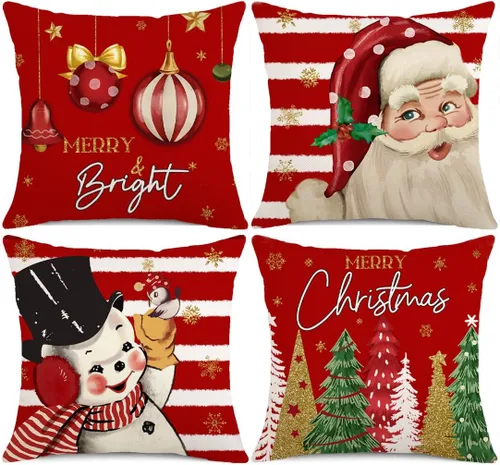 Juego de 4 fundas de almohada decorativas de Navidad de 18 x 18 pulgadas, diseño de rayas rojas, Papá Noel, muñeco de nieve, copo de nieve, árbol de