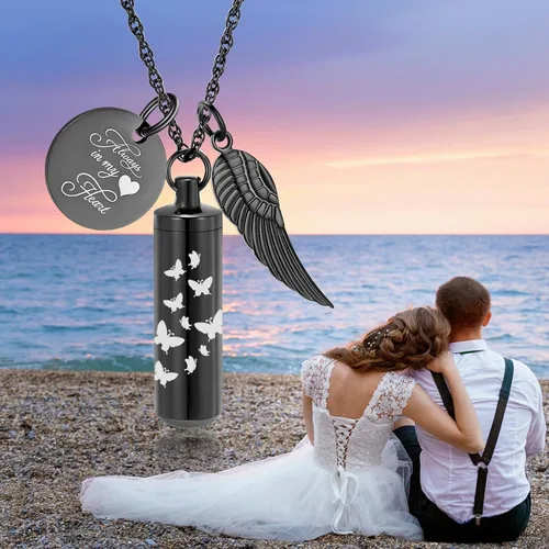 Miniatura 7 de shajwo Collar de cenizas de urna cilíndrica para mujeres y hombres, joyería de cremación de mariposa, ceniza amada, un colgante de ala de ángel