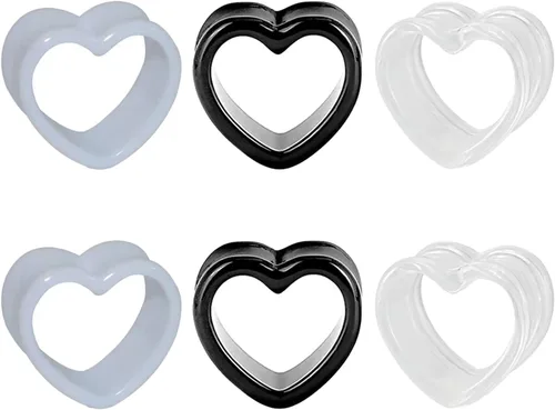 VERAMI Juego de 6 tapones acrílicos en forma de corazón, color blanco y negro, expansor de dilatador de oreja, joyería para mujeres y hombres