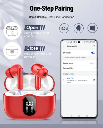 Miniatura 5 de Auriculares inalámbricos, Bluetooth 5.4, estéreo de bajos, auriculares con micrófono con cancelación de ruido, pantalla LED en el oído, llamadas Rojo