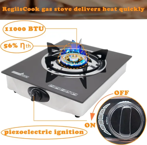 Miniatura 3 de Cocina de gas propano de 1 quemador, estufa de gas LPG portátil para camping, regulador de encimera de vidrio templado de encendido automático