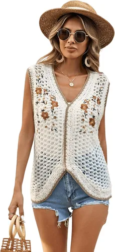 Miniatura 6 de Verdusa Cárdigan de punto sin mangas con cuello en V y bordado floral para mujer