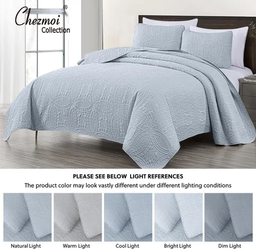 Miniatura 5 de Chezmoi Collection Austin Juego de Colcha King de 3 Piezas Acolchado Pinsonic Sobredimensionado Juego de Colcha Coverlet, King, Plateado De gran